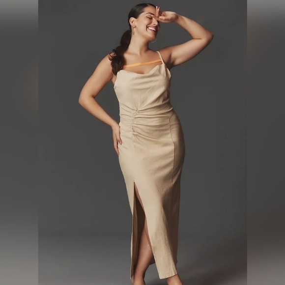 Anthropologie Ruched Slim Midi Dress with Tie Back in Khaki and Orange NWT - Picture 6 of 16